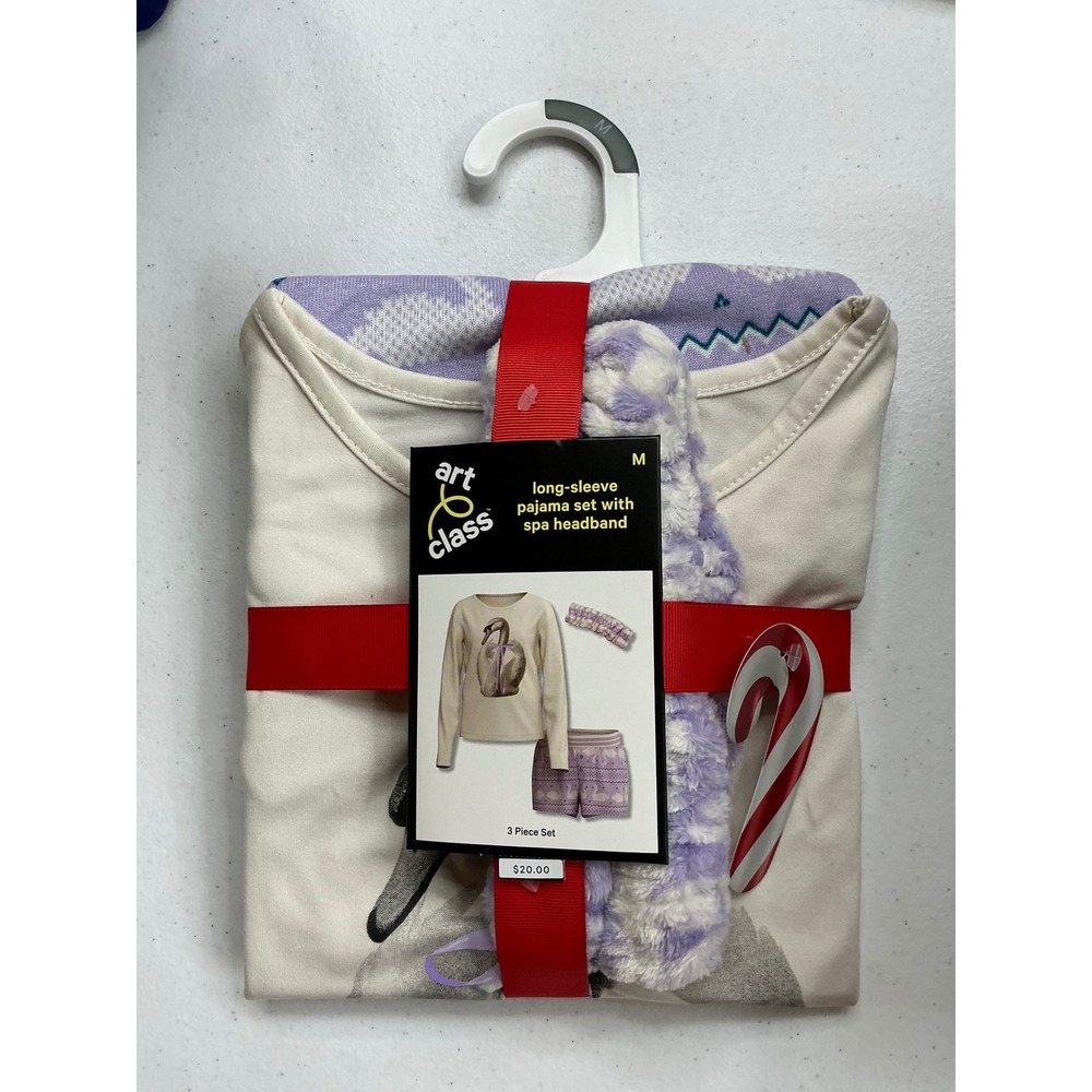 Art‎ Class Girls Pajama Set 3pc Long Sleeve Shirt Shorts Spa Headband Swan  M